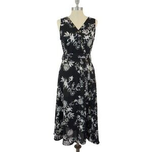 Entro Dark Floral Midi Dress L Black Asymmetric Button Whimsigoth Goth Wedding